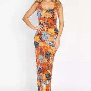 Orange Sleeveless Floral Maxi Dress